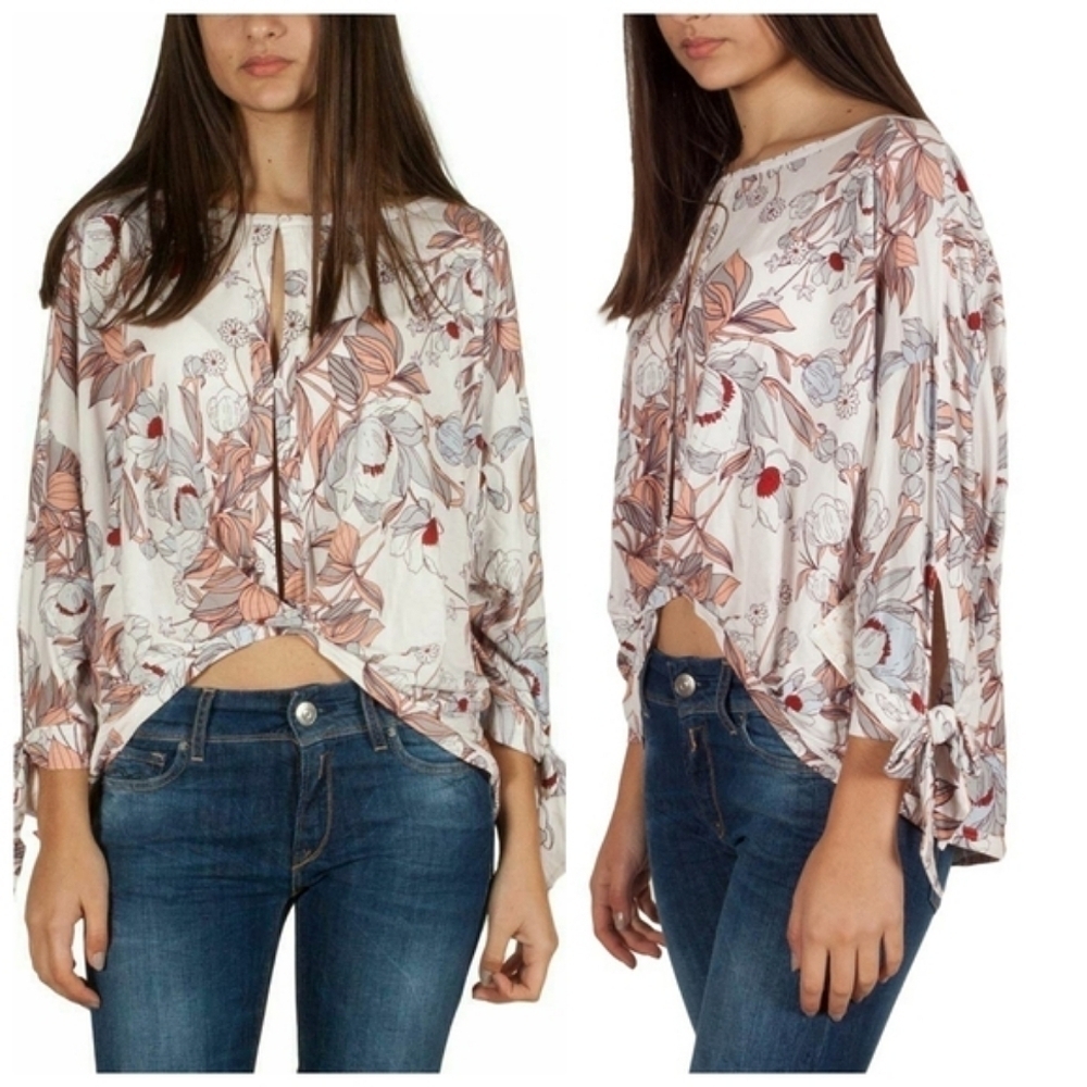 Free People Boho Keepin On Ivory Floral Print Surplice Oversized Beachy Top S